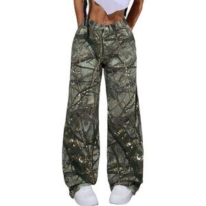Women Camouflage Cargo Pants Low Waist Baggy Wide Leg Cotton Streetwear
